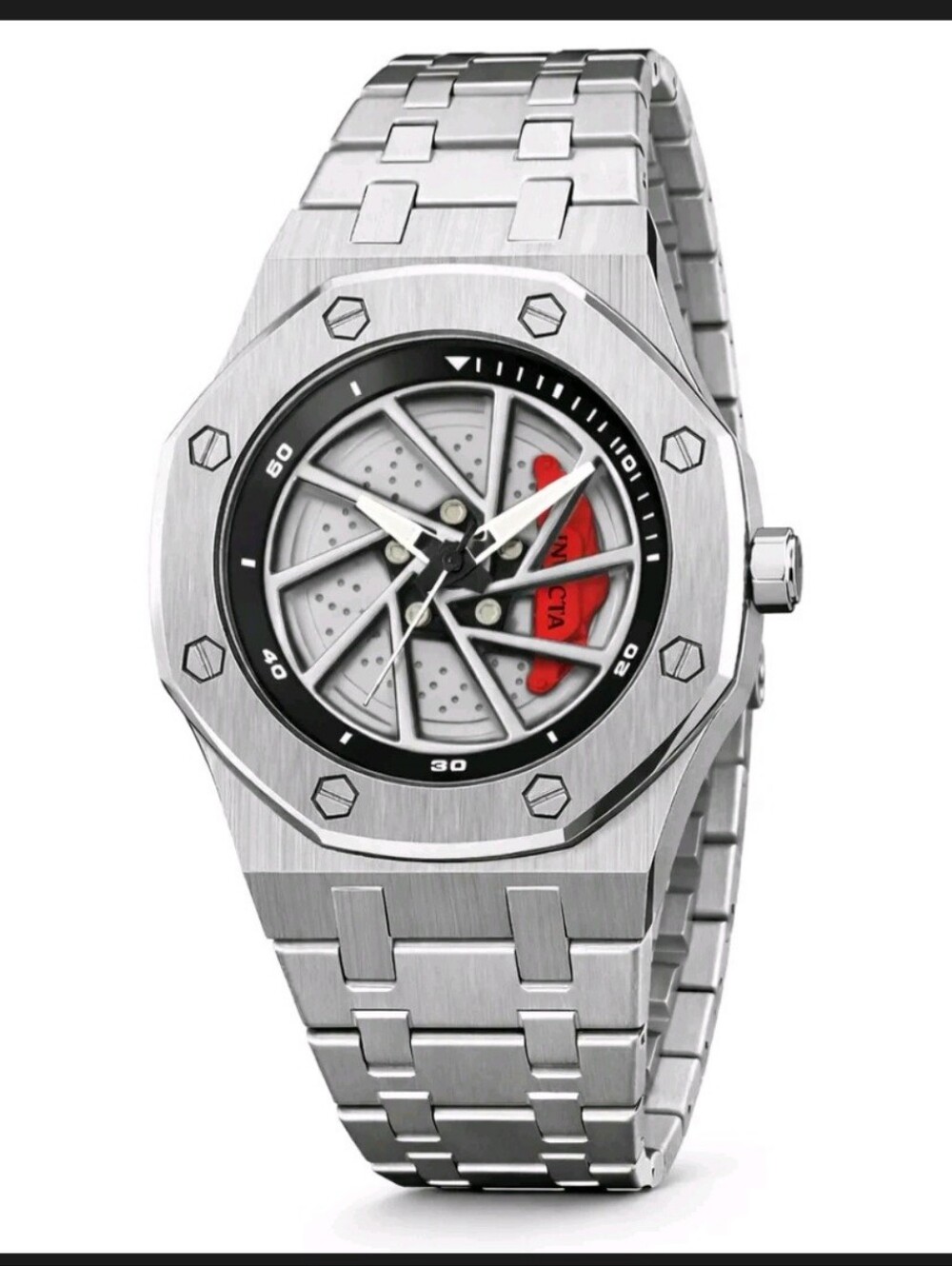Invicta Silver Stainless Steel Watch with Red Accent